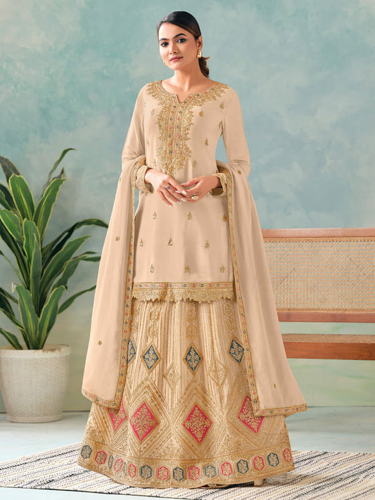Cream Multi Embroidery Lehenga Kurti