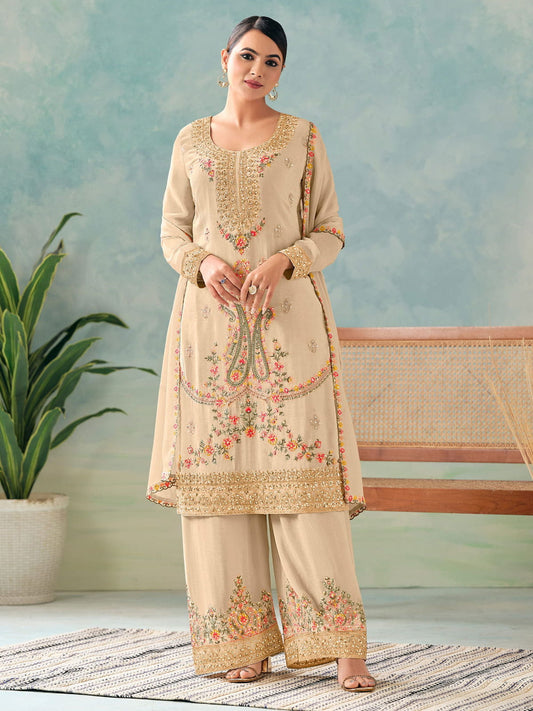 Cream Multi Embroidery Pant Style Suit