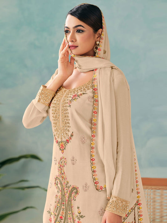 Cream Multi Embroidery Pant Style Suit