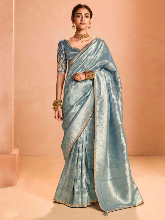 Lovely Dusty Blue Zari Weaving Silk Event Wear Saree With Blouse