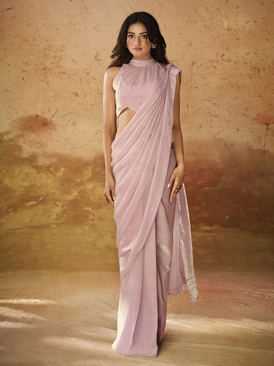 Lovable Baby Pink Hand Work Organza Ready To Wear Saree With Blouse