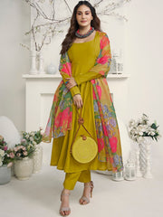 Amyra Dastur Mustard Yellow Square Neck Empire Pure Silk Anarkali Kurta with Trousers & Dupatta
