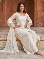 White Premium Chinnon Silk Festive Trendy Palazzo Suit