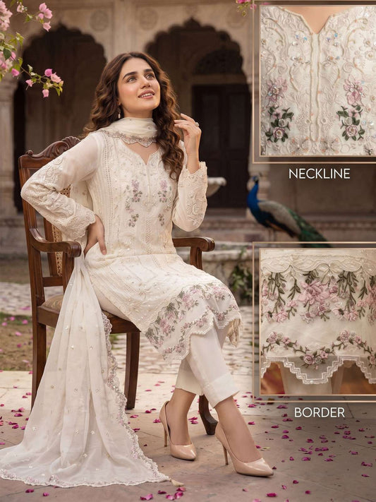 Off White Chiffon Embroideres Khatli Work Kurta Set