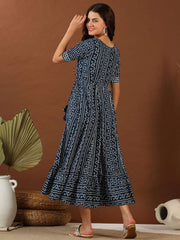 Navy blue Bandhini Printed Cotton Tie Up Lace Fit & Flare Midi Ethnic Dress