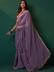 Lavender Floral Embroidered Sequined Zari Saree