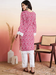 Pink & White Floral Printed Thread Work Straight Kurta