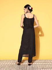 Women Black Ethnic Motifs Poly Georgette Ethereal Embroidery Kurta Set