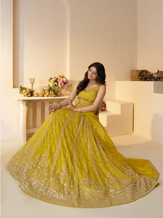 Lehenga for haldi- Indian lehenga with seqins and cut dana work