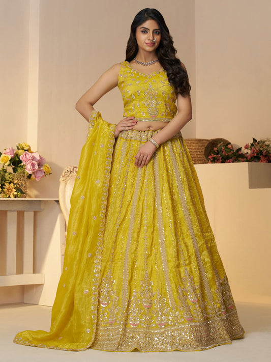 Lehenga for haldi- Indian lehenga with seqins and cut dana work