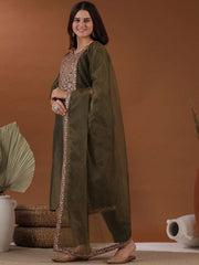 Green Ethnic Motifs Yoke Design Thread Work Pure Silk Straight Kurta Trousers & Dupatta