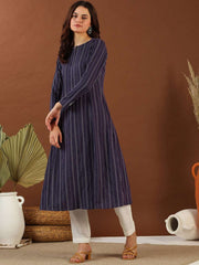 Purple Ethnic Woven Design Round Neck Panelled Cotton A-Line Kurta