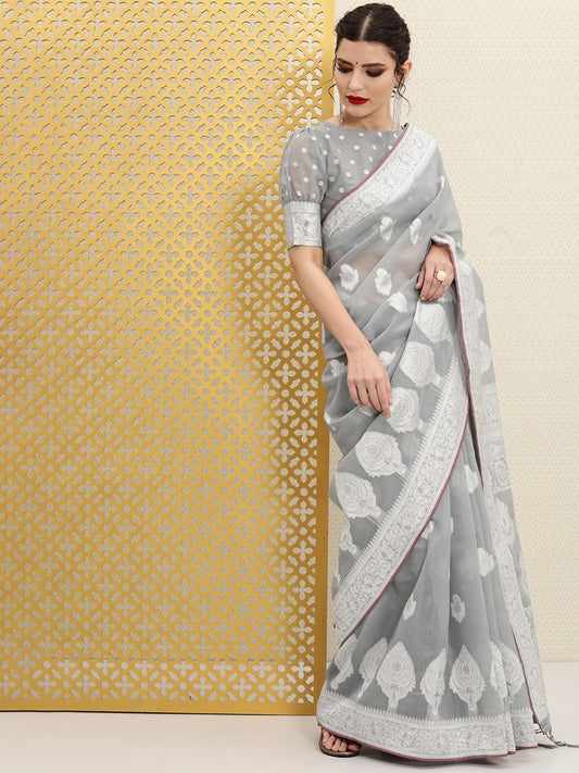 Grey & Silver Paisley Woven Design Rozana Saree