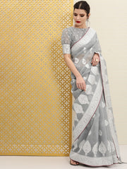 Grey & Silver Paisley Woven Design Rozana Saree