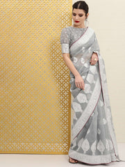Grey & Silver Paisley Woven Design Rozana Saree