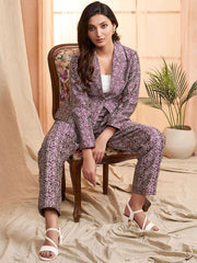 Mauve Floral Printed Lapel Collar Formal Tailored Jacket