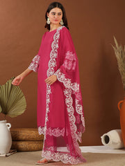 Magenta Thread Work Round Neck Straight Kurta with Trousers & With Dupatta