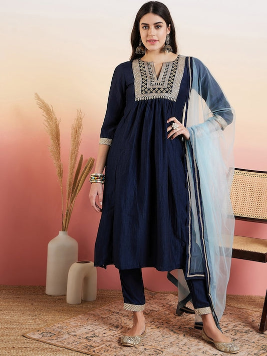 Navy Blue Yoke Design Pleated A-Line Flared Kurta With Trousers & Dupatta