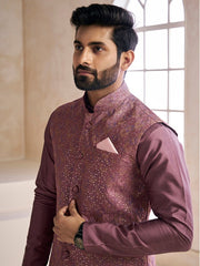 Mauve embroidered woven nehru jacket