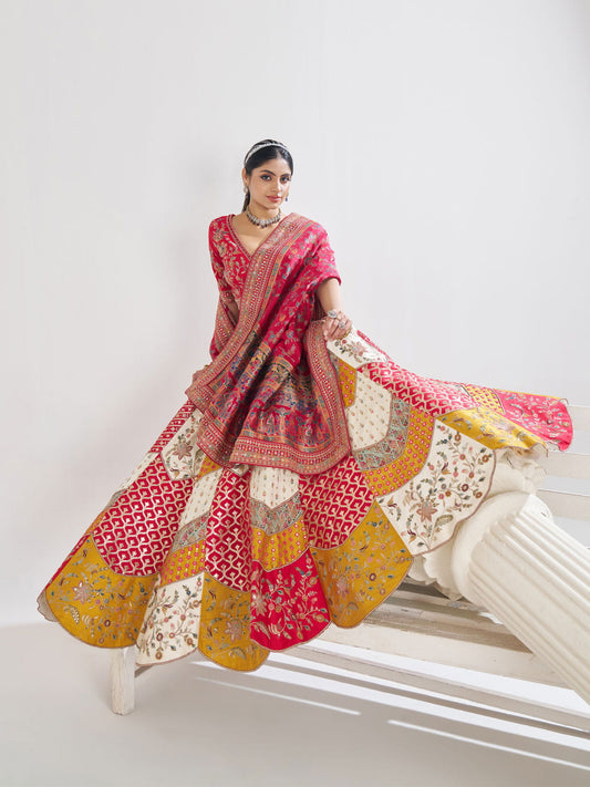 Multicolour Banarsi Mosaic scallop designer bridal lehnga