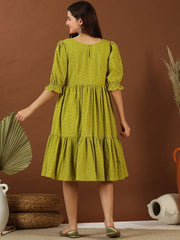 Green Chikankari Embroidered Cotton Midi Ethnic Dress