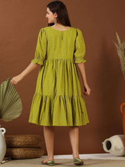 Green Chikankari Embroidered Cotton Midi Ethnic Dress