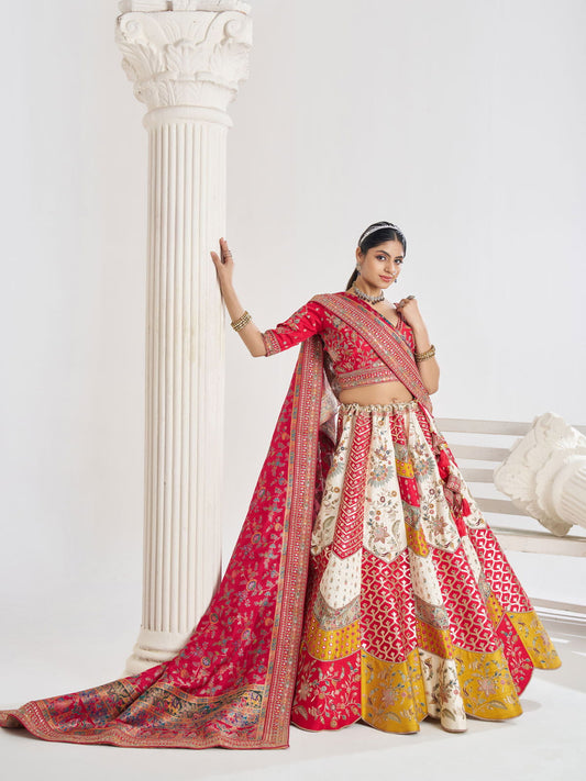 Multicolour Banarsi Mosaic scallop designer bridal lehnga