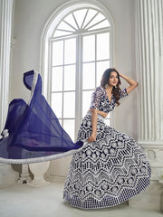 Navy Blue Embroidered Net Semi-Stitched Lehenga & Unstitched Blouse With Dupatta