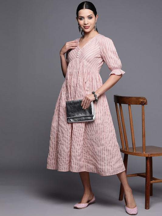 Striped Puff Sleeves Midi Ethnic Dress