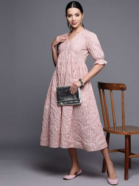 Striped Puff Sleeves Midi Ethnic Dress