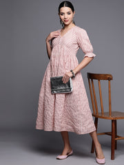 Striped Puff Sleeves Midi Ethnic Dress