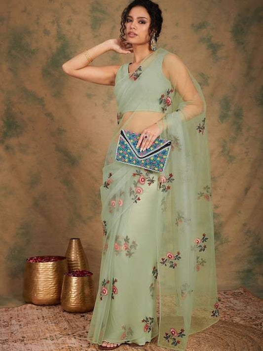 Green Floral Embroidered Net Saree