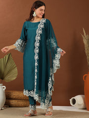 Teal Thread Work Round Neck Flared Sleeves Kurta with Trousers & With Dupatta