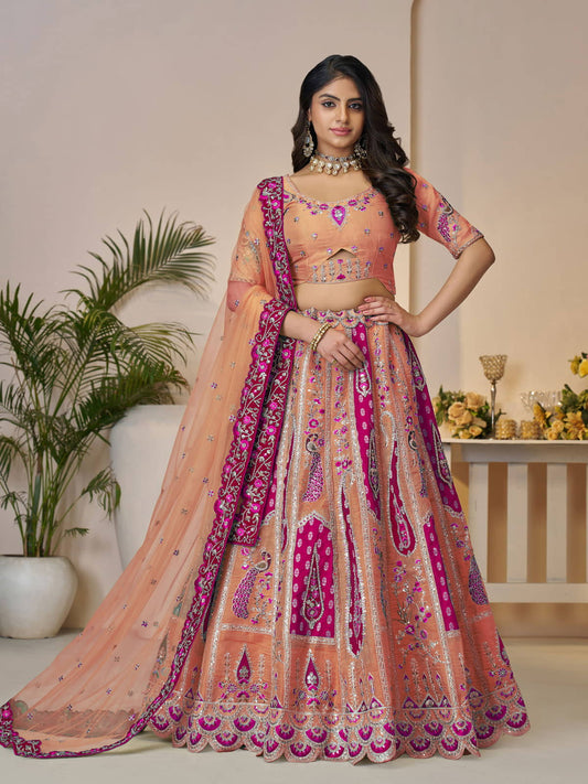 Sunrise orange Beautiful Traditional Designer Elegant Embroidery and Cut Work Silk Lehenga