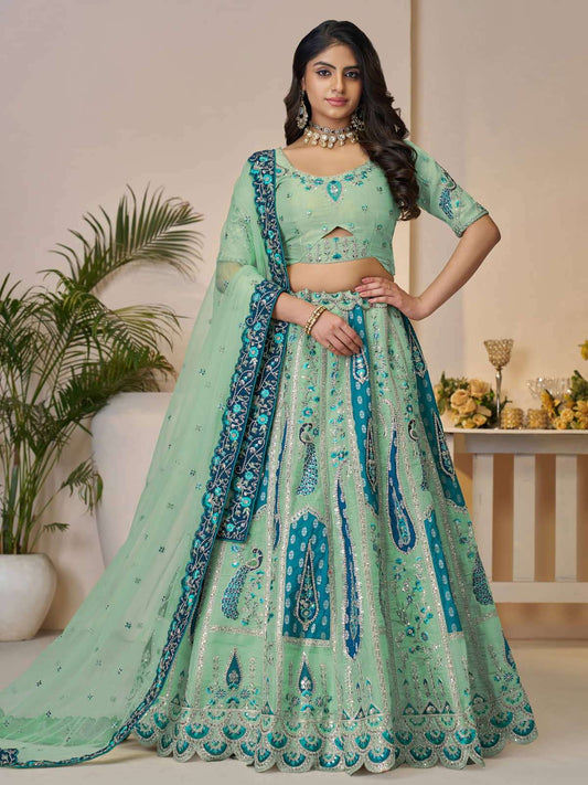 Royal Grandeur bridal sky blue Lehenga with Paisley and Peacock Motifs and Heavy Embroidery