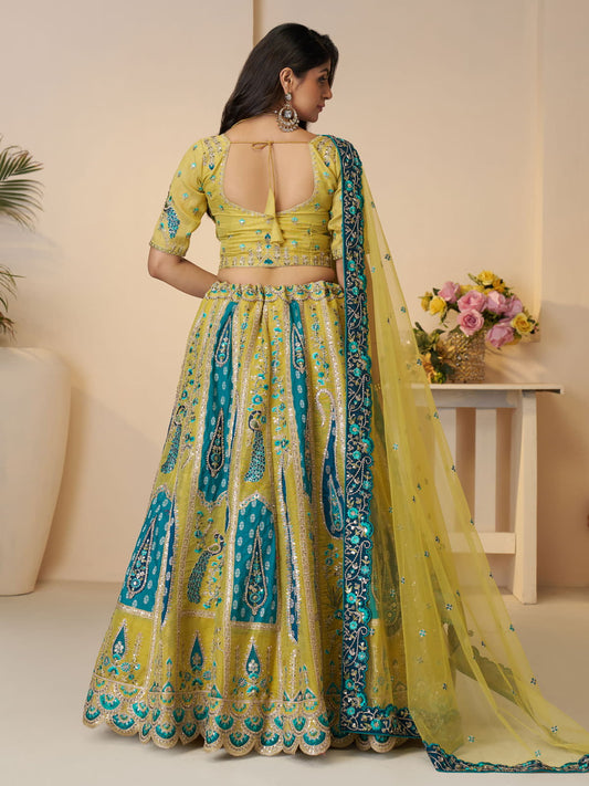 Alluring Bel Butti pattern Golden Sangeet Lehenga Choli