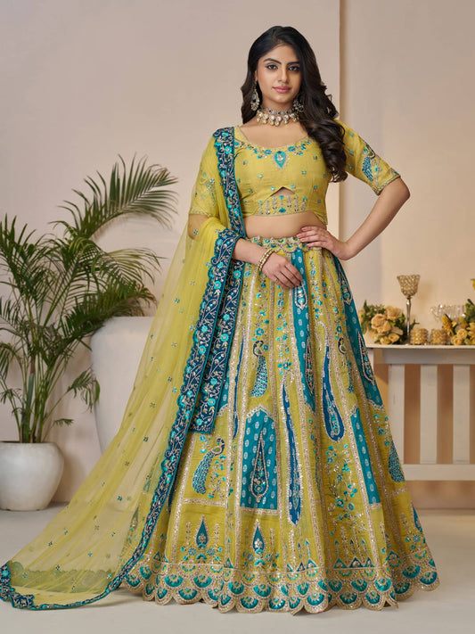 Alluring Bel Butti pattern Golden Sangeet Lehenga Choli