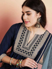 Navy Blue Yoke Design Pleated A-Line Flared Kurta With Trousers & Dupatta