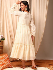 Off White Floral Embroidered Tiered Dress