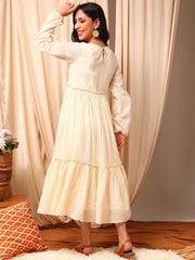 Off White Floral Embroidered Tiered Dress