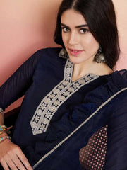 Navy Blue Ethnic Motifs Yoke Design Chanderi Cotton Kurta With Trousers & Dupatta