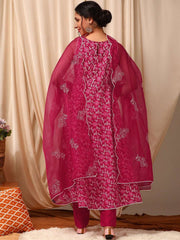 Pink Women Floral Printed Layered Thread Work Kurta with Trousers & With Dupatta