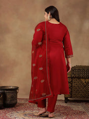 Floral Embroidered Zari Straight Kurta with Trousers & Dupatta