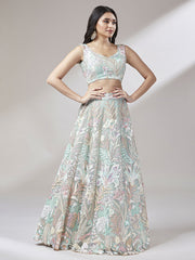 Lime Green Net Sequinse Work Semi-Stitched Lehenga & Unstitched Blouse with Dupatta