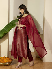 Woven Design Straight Kurta With Trousers & Dupatta