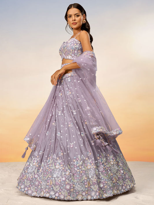 Mauve Chiffon Sequins and thread embroidery Semi-Stitched Lehenga choli & Dupatta