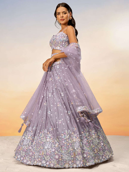 Mauve Chiffon Sequins and thread embroidery Semi-Stitched Lehenga choli & Dupatta