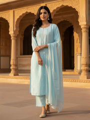 Women Ethnic Motifs Embroidered Regular Thread Work Pure Cotton Kurta with Trousers & With Dupatta