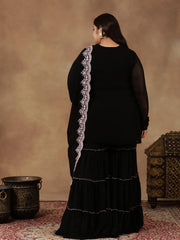 Plus Size Floral Embroidered Thread Work Kurta With Sharara & Dupatta