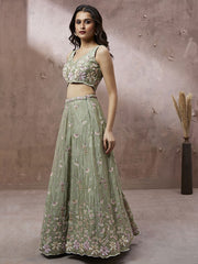 Lime Green Pure Georgette Sequins with heavy Zarkan embroidery Semi-Stitched Lehenga choli & Dupatta